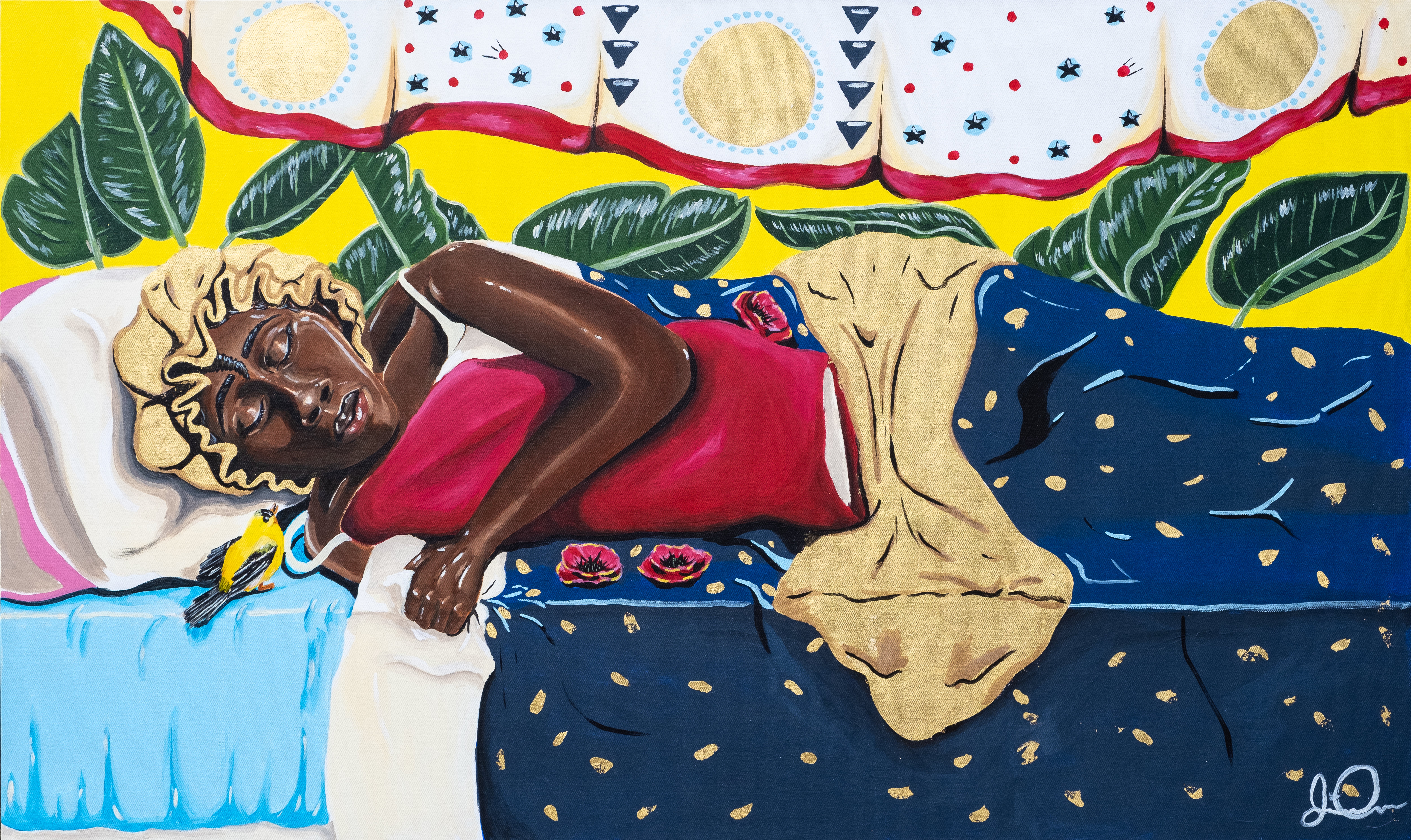 Horizontal format painting of a Black woman asleep in her bed. 
