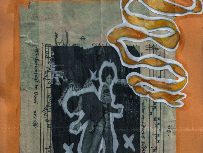 A collage on a manilla envelope. The central image is of a vintage image of Black couple dancing, both wearing 1970s-style bell bottoms. This is set on bars of sheet music and framed by two collaged elements - green leaves in the lower left and a ribbon in the upper right