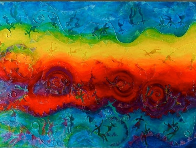  A horizontal format painting in rainbow colored waves with small dancing figures and glass beads throughout