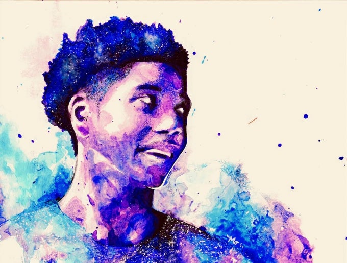 Watercolor portrait of Anwon Rose II, looking to the side and smiling slightly. The background is mostly white. The figure is rendered in cool colors of purples and blues