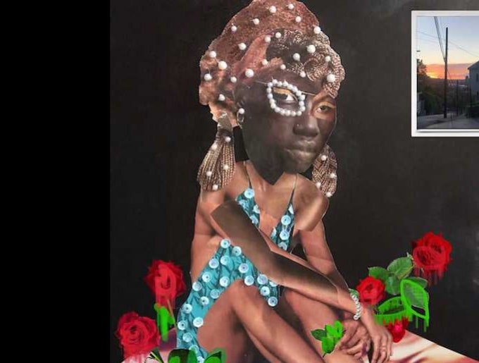 A collage image of a seated Black woman holding painted red flowers
