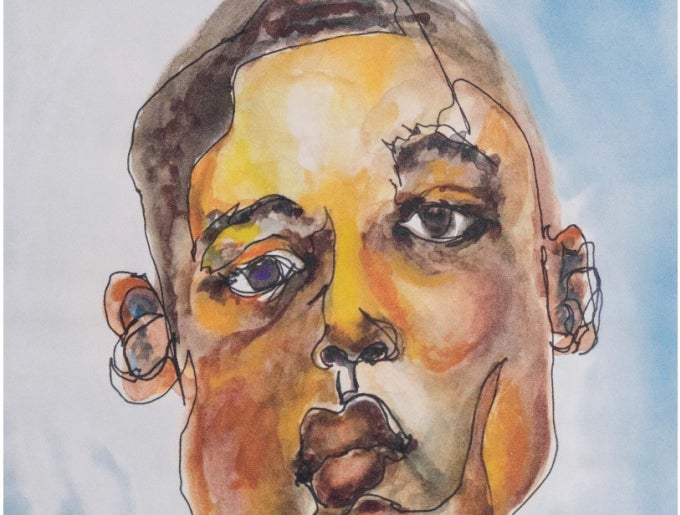 Watercolor portrait of the singer Keedron Bryant. The background is white with areas of light blue