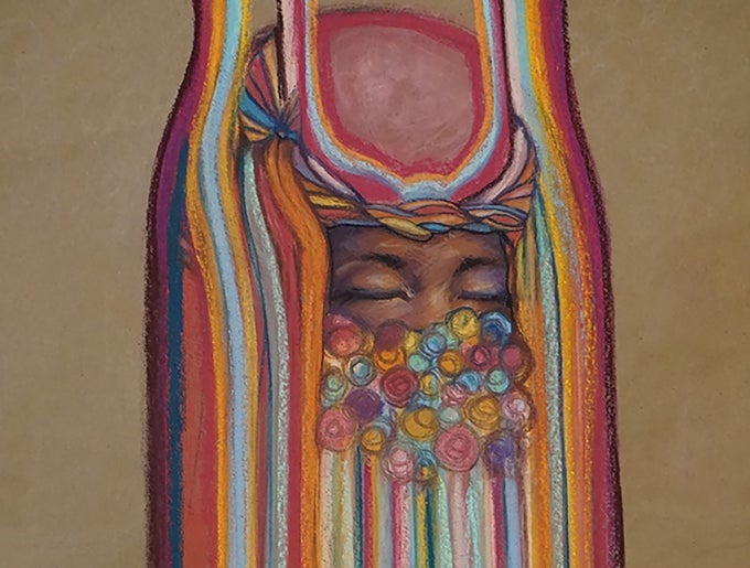 ortrait of Black women with her eyes closed. Her head is covered in vertical strands of color and small flowers cover the lower part of her face