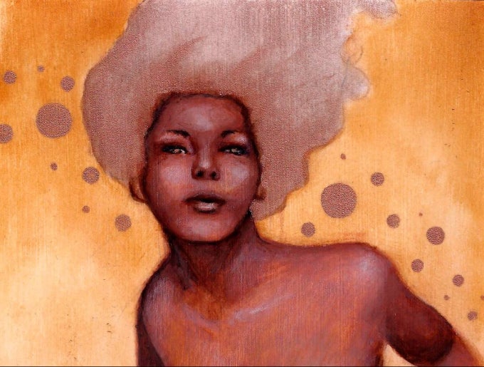 Painted portrait of a Black woman with her eyes open against a copper background, with circles of varying sizes throughout the composition