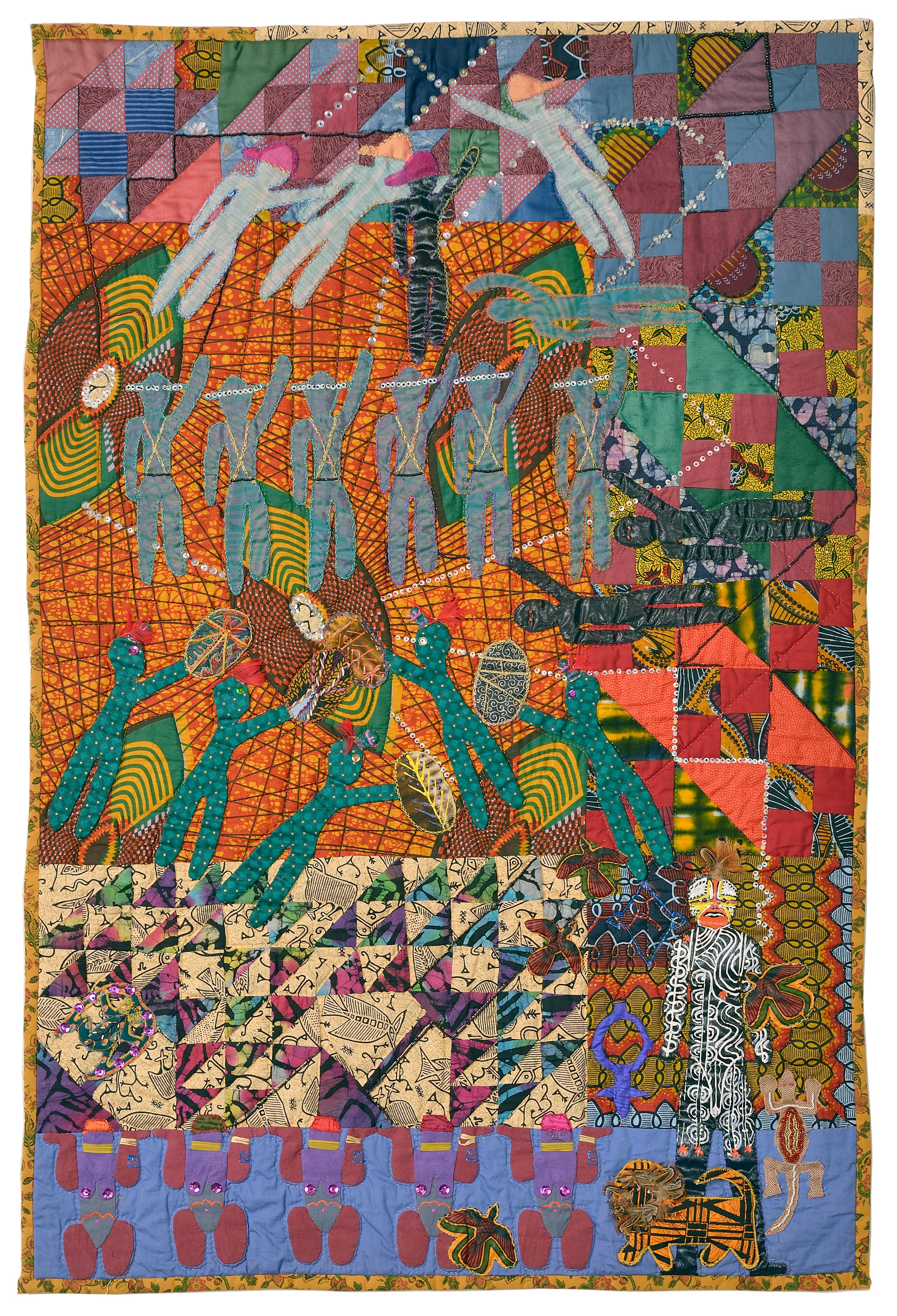 Multicolor and multi-patterned quilt with figures and shapes