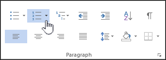A screenshot showing different options that MS Word provides for bulleted and numbered lists