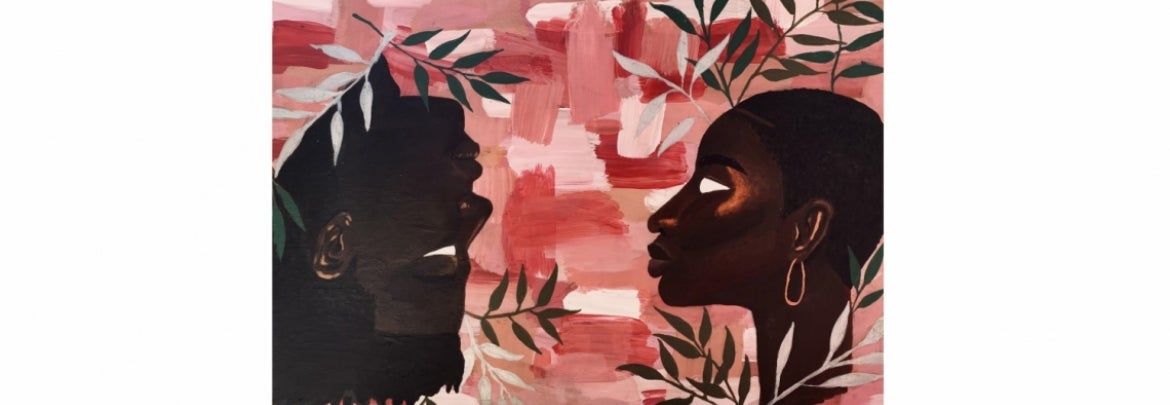 painting of two black faces looking at each other, with one upside down